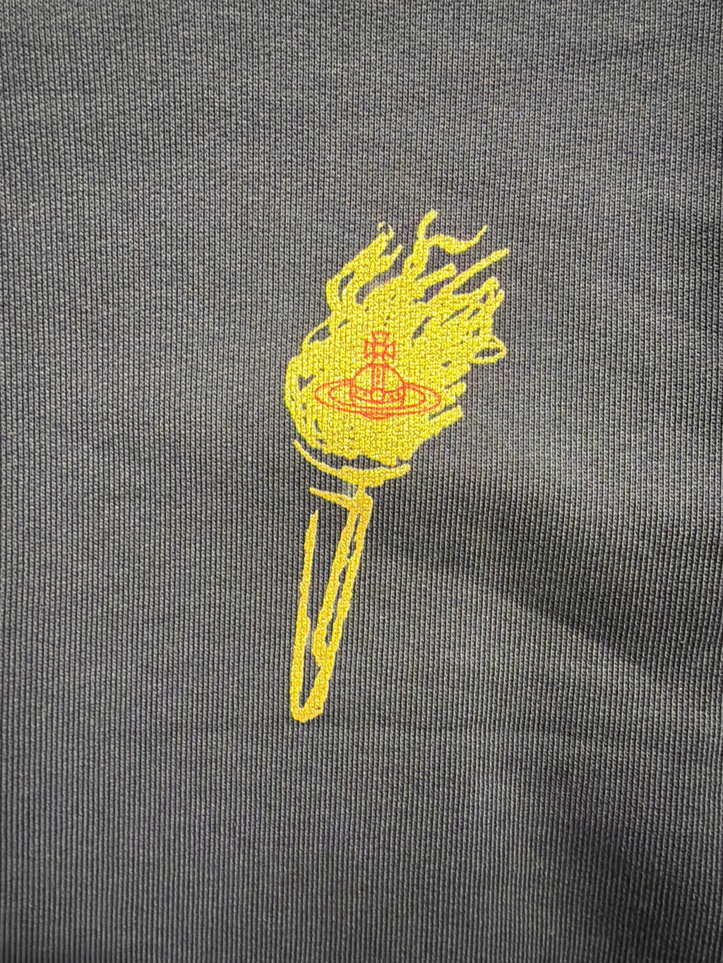 Vivienne Westwood Iris sweatshirt in dark grey featuring a yellow and red embroidered torch logo.