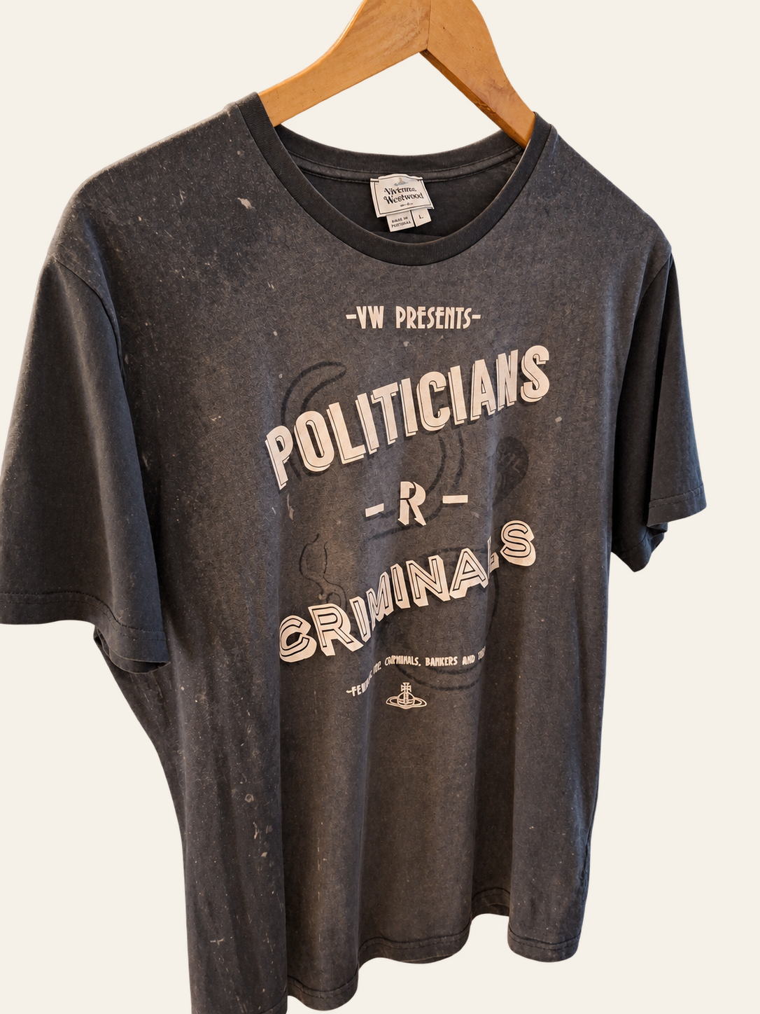 Vivienne Westwood MAN Politicians R Criminals graphic T-shirt in charcoal, front hanging view.