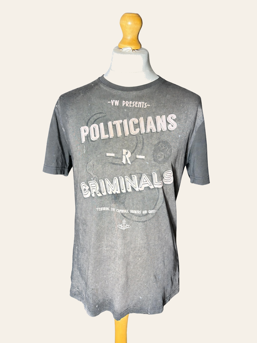Vivienne Westwood MAN Politicians R Criminals charcoal T-shirt, full front mannequin view.