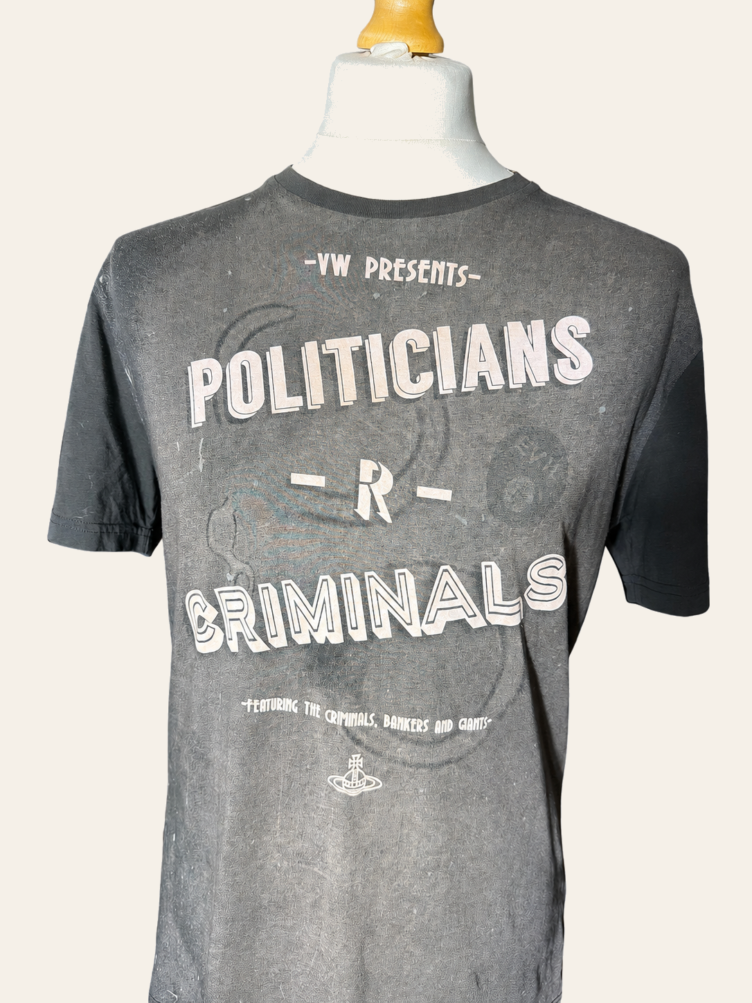 Vivienne Westwood MAN Politicians R Criminals T-shirt, close front graphic view.