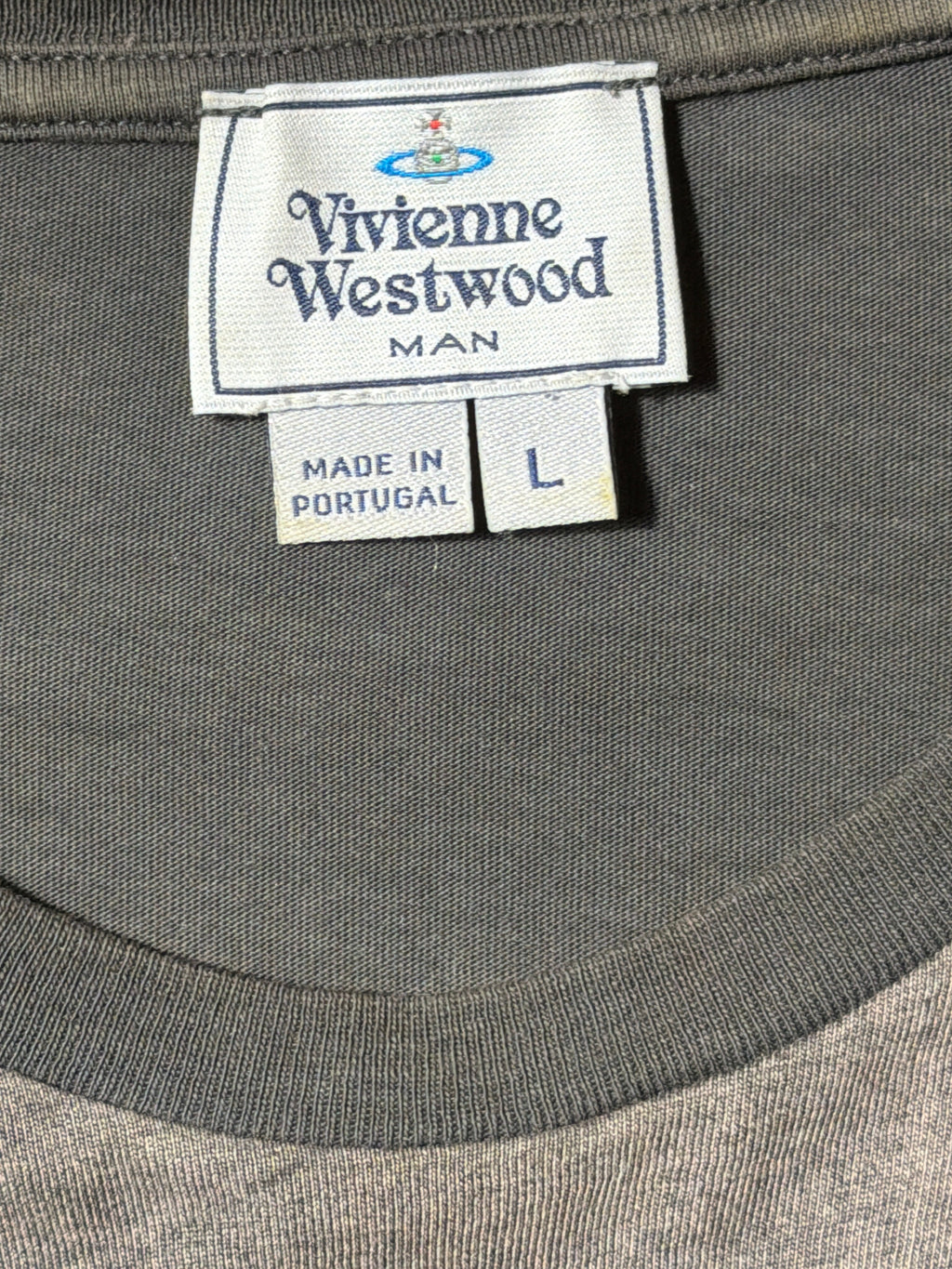 Vivienne Westwood MAN neck label showing size L and Made in Portugal.