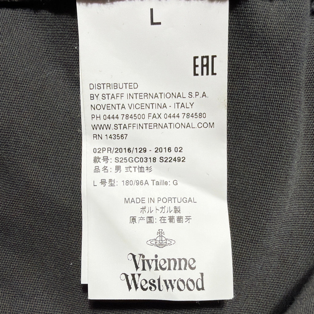 Vivienne Westwood MAN garment label showing size L, style code and Made in Portugal.