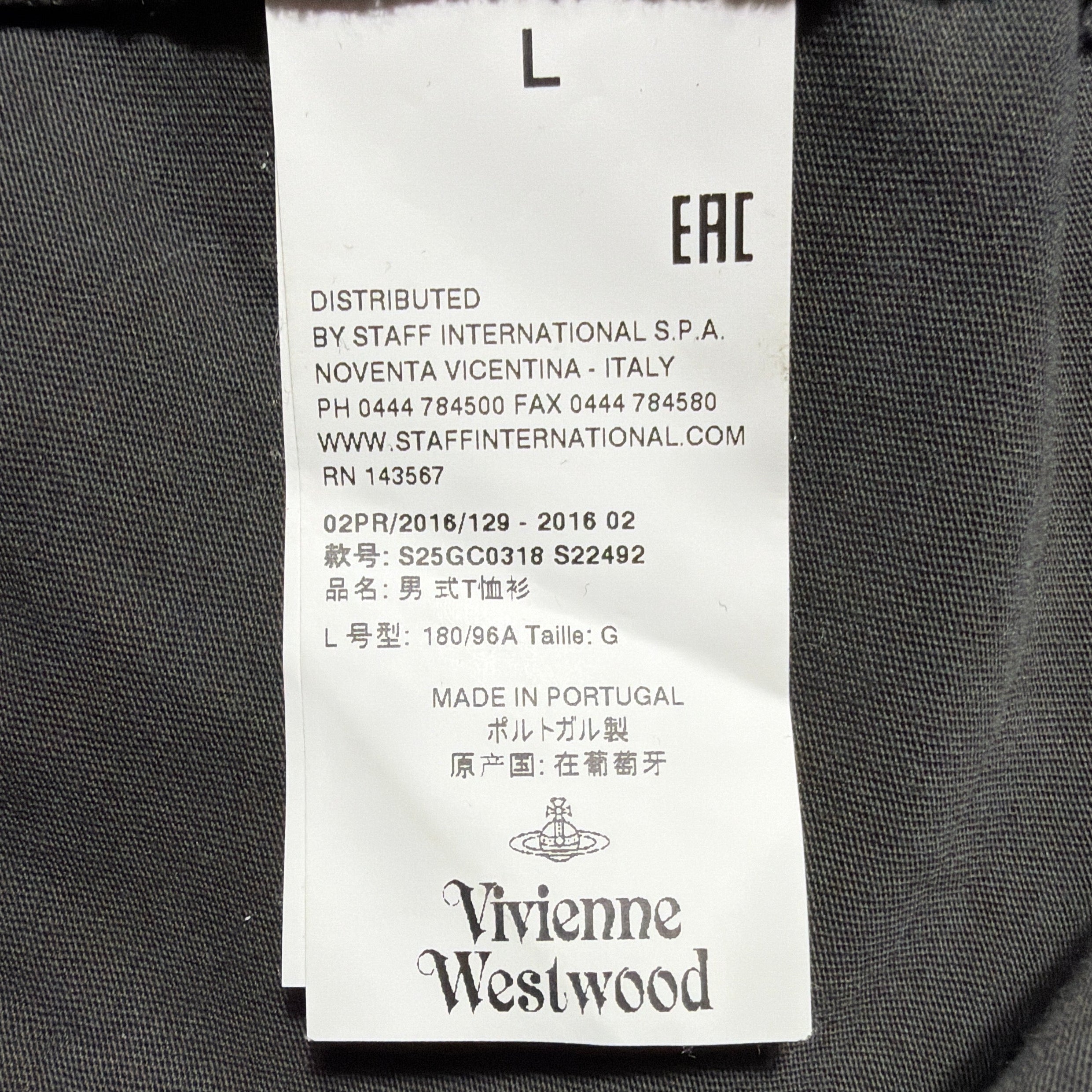 Vivienne Westwood MAN garment label showing size L, style code and Made in Portugal.