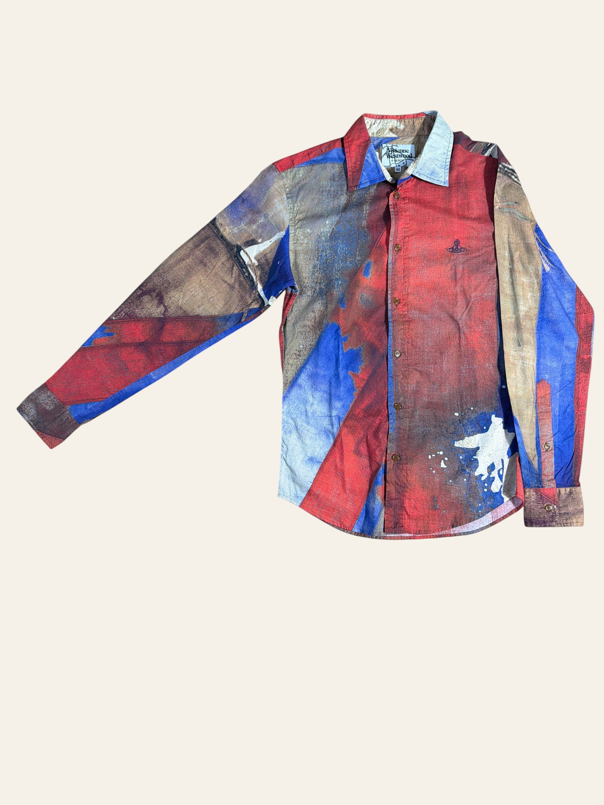 Vivienne Westwood MAN long-sleeve cotton shirt with red, blue, and cream abstract print and Orb logo.