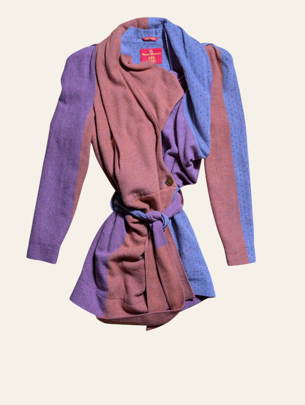 Vivienne Westwood Red Label colour-block belted cardigan with a draped collar in pink and lavender.