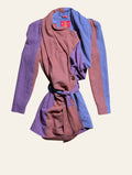 Vivienne Westwood Red Label colour-block belted cardigan with a draped collar in pink and lavender.