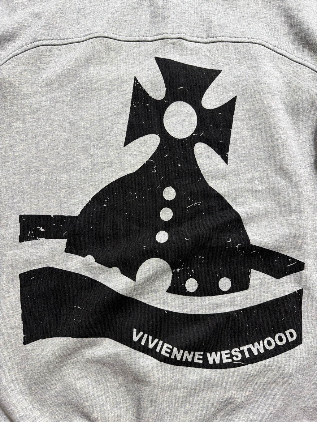 grey Vivienne Westwood Sunken Sander sweatshirt featuring a distressed black orb logo graphic.