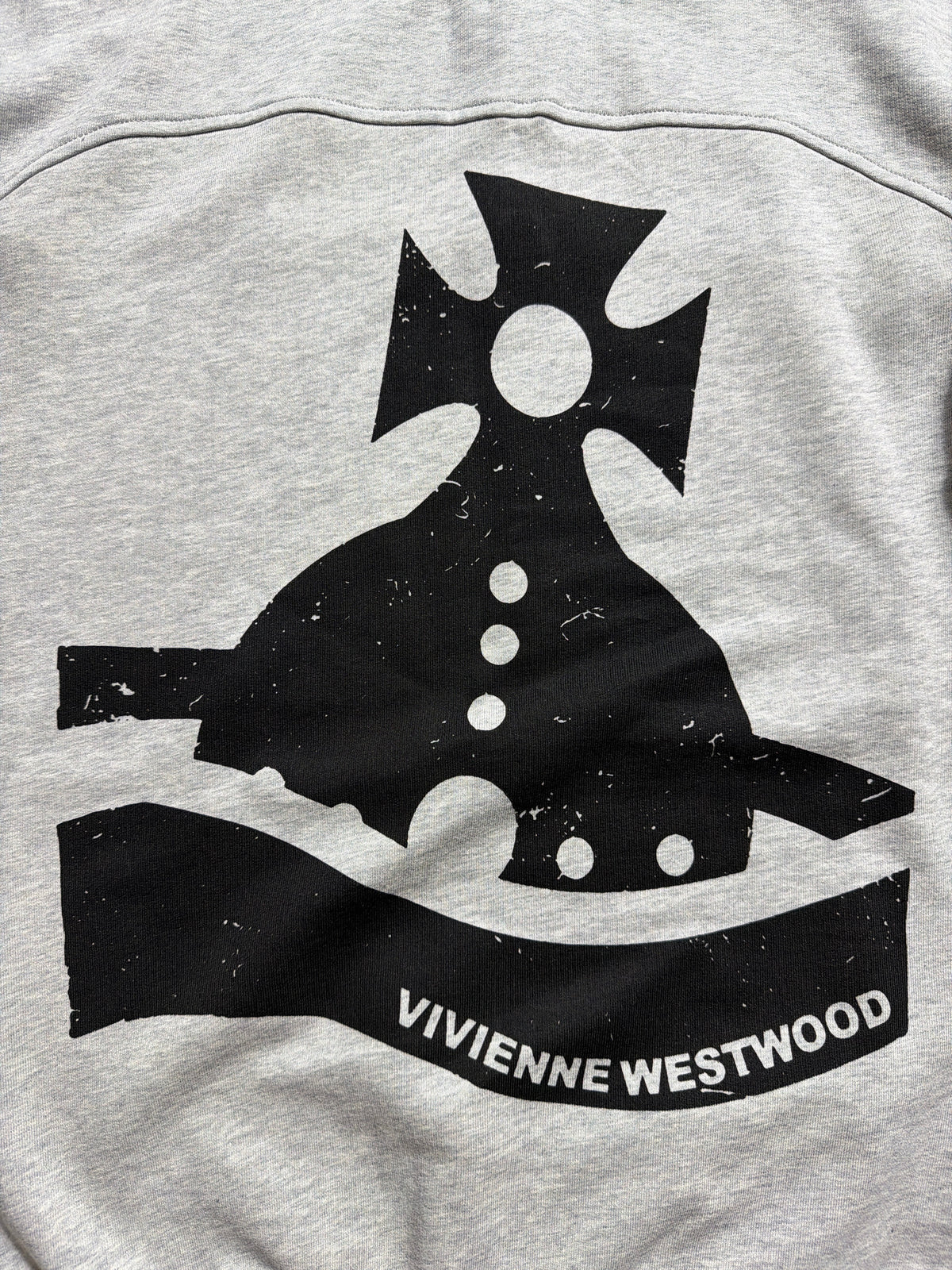 grey Vivienne Westwood Sunken Sander sweatshirt featuring a distressed black orb logo graphic.