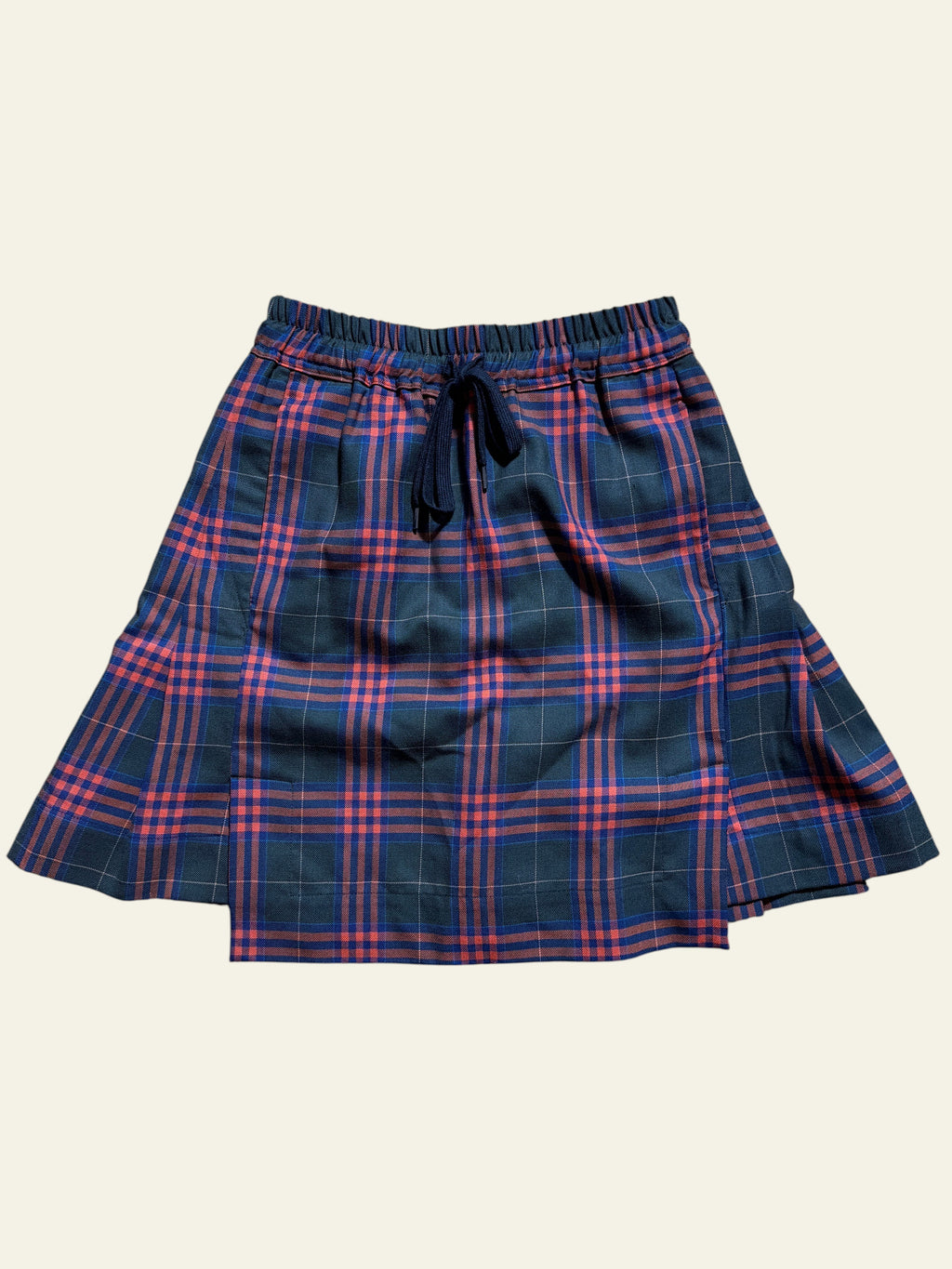 Vivienne Westwood tartan wool skirt in red and green plaid with an elastic drawstring waist.