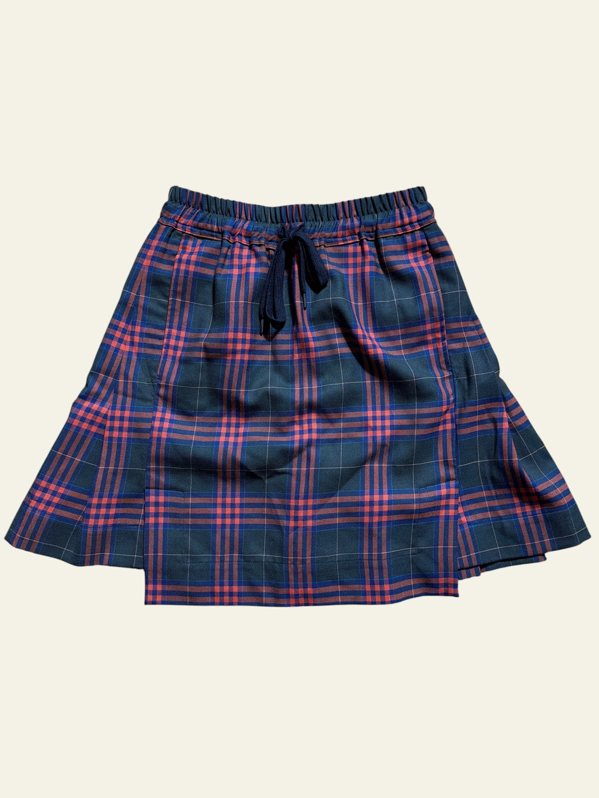 Vivienne Westwood tartan wool skirt in red and green plaid with an elastic drawstring waist.