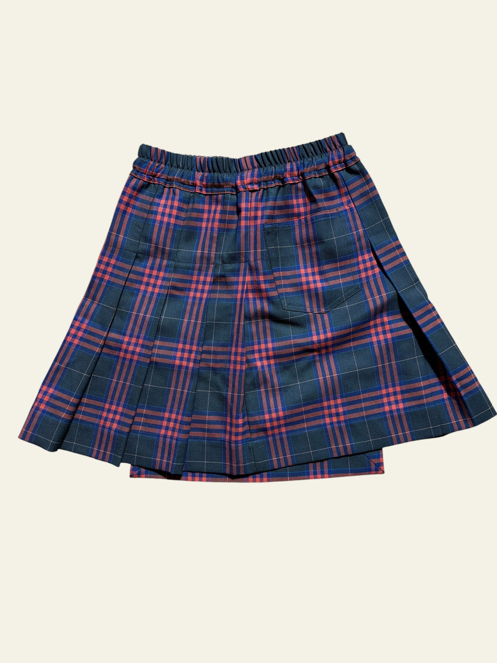 Vivienne Westwood tartan wool pleated skirt with an elastic waistband in red and dark green plaid.
